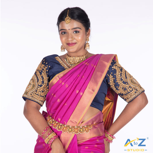 Navy Blue Silk Cloth Blouse with Small leaf and chain work Design