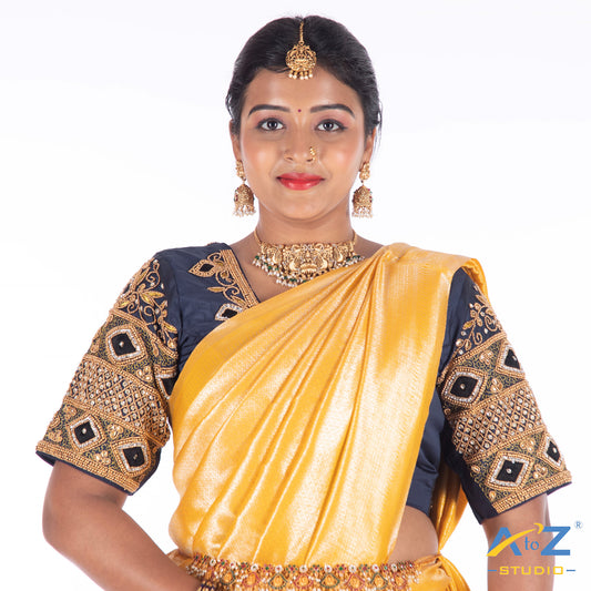 Navy Blue Silk Cloth Blouse with Kite,kundan and leaf design Design