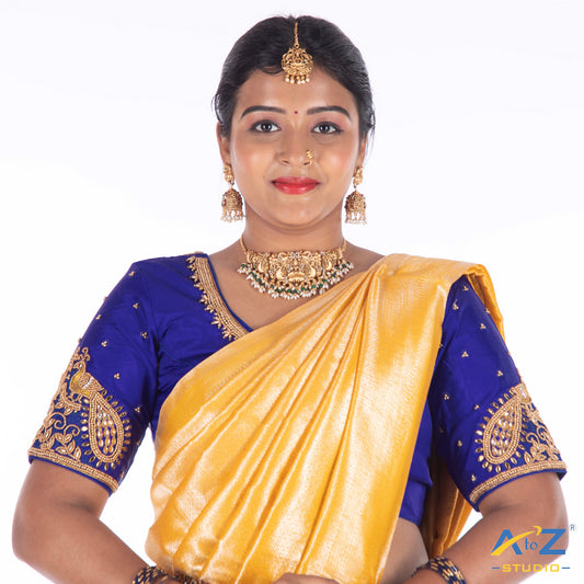 Royal Blue Silk Cloth Blouse with Double bird Design