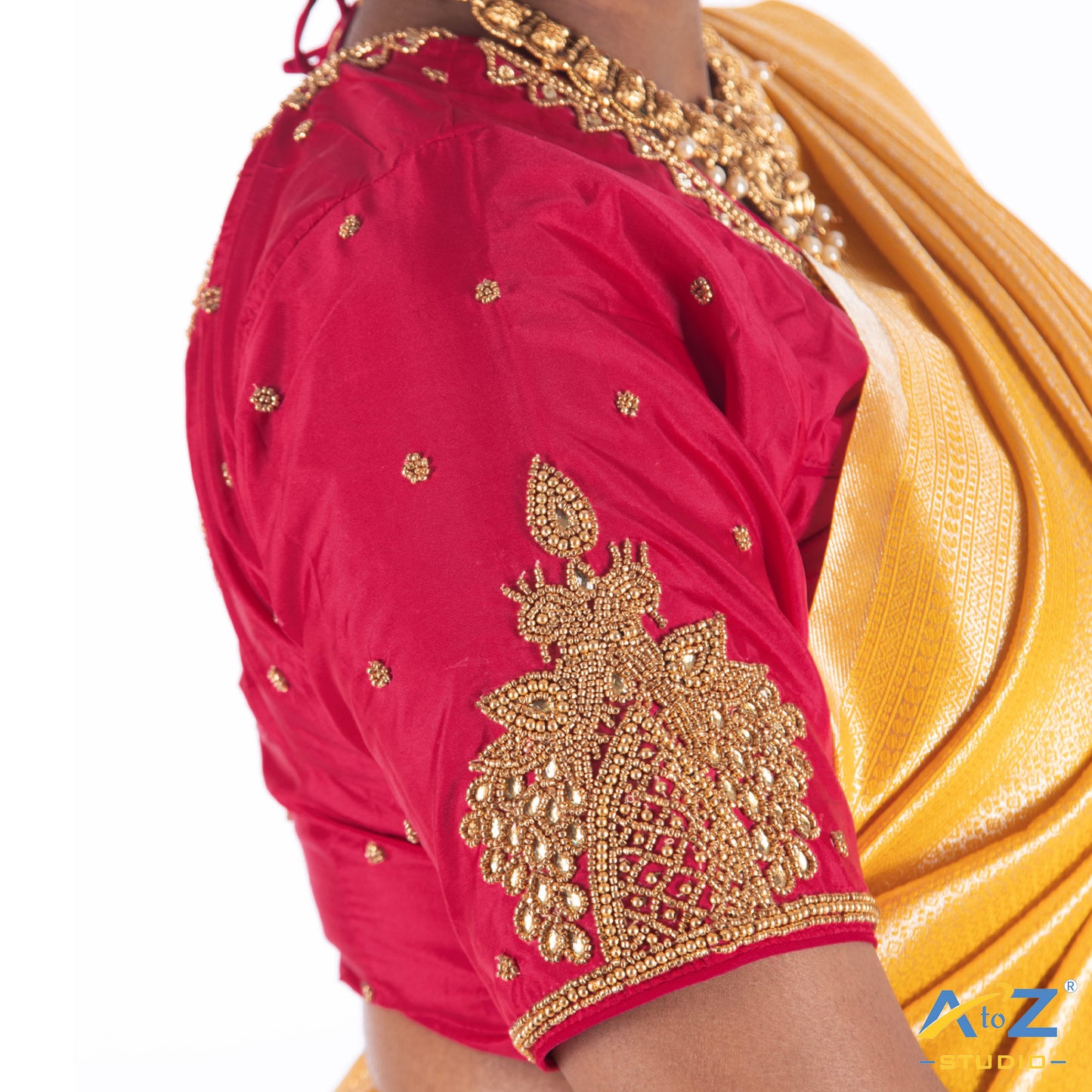 Punch Pink Silk Cloth Blouse with chain 2 peacock Design