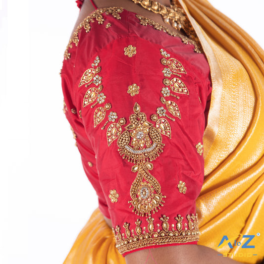 Punch Pink Silk Cloth Blouse with kundan mix and leand and flower Design