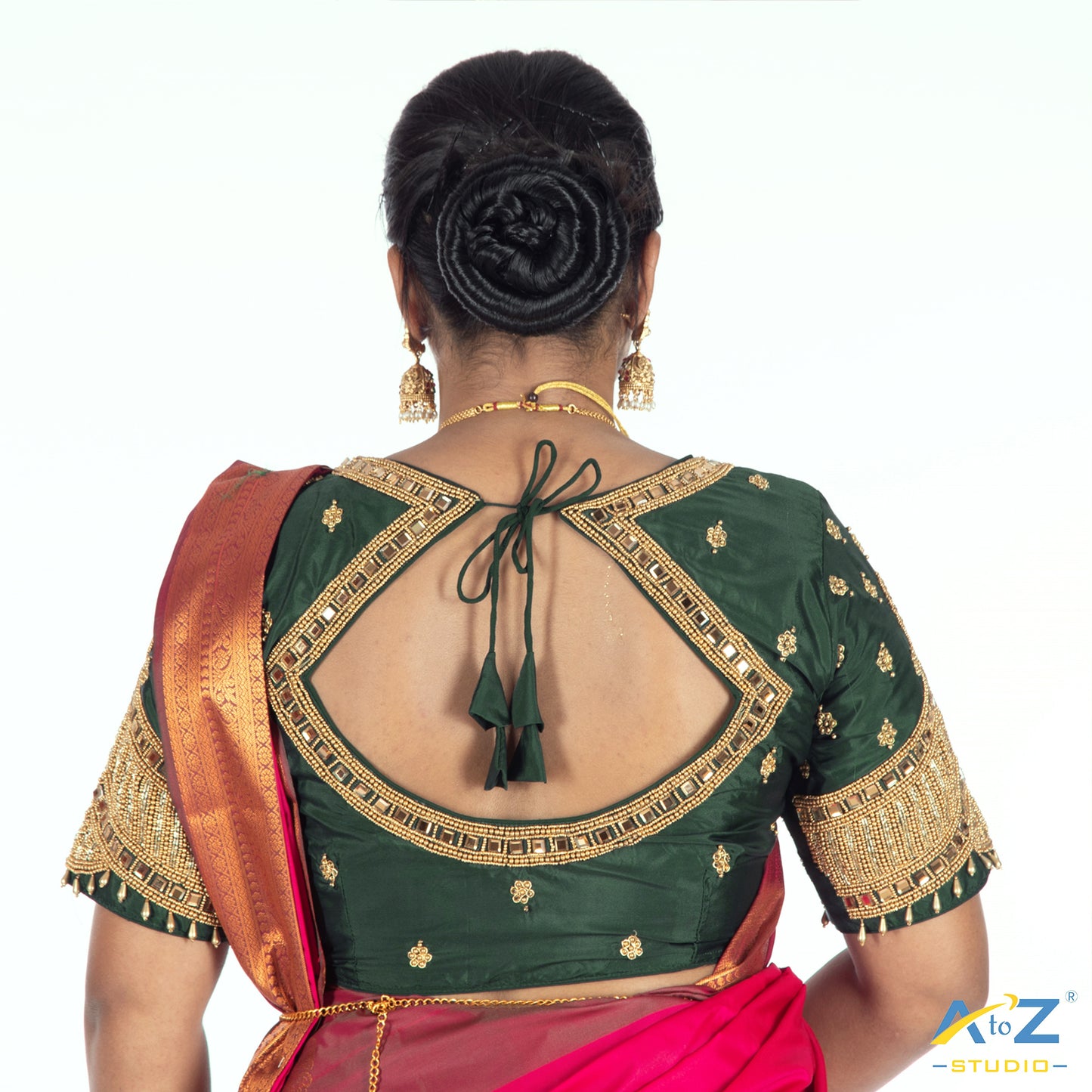 Bottle Green Silk Cloth Blouse with Small peacock ,chain and mirror Design