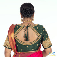 Bottle Green Silk Cloth Blouse with Small peacock ,chain and mirror Design
