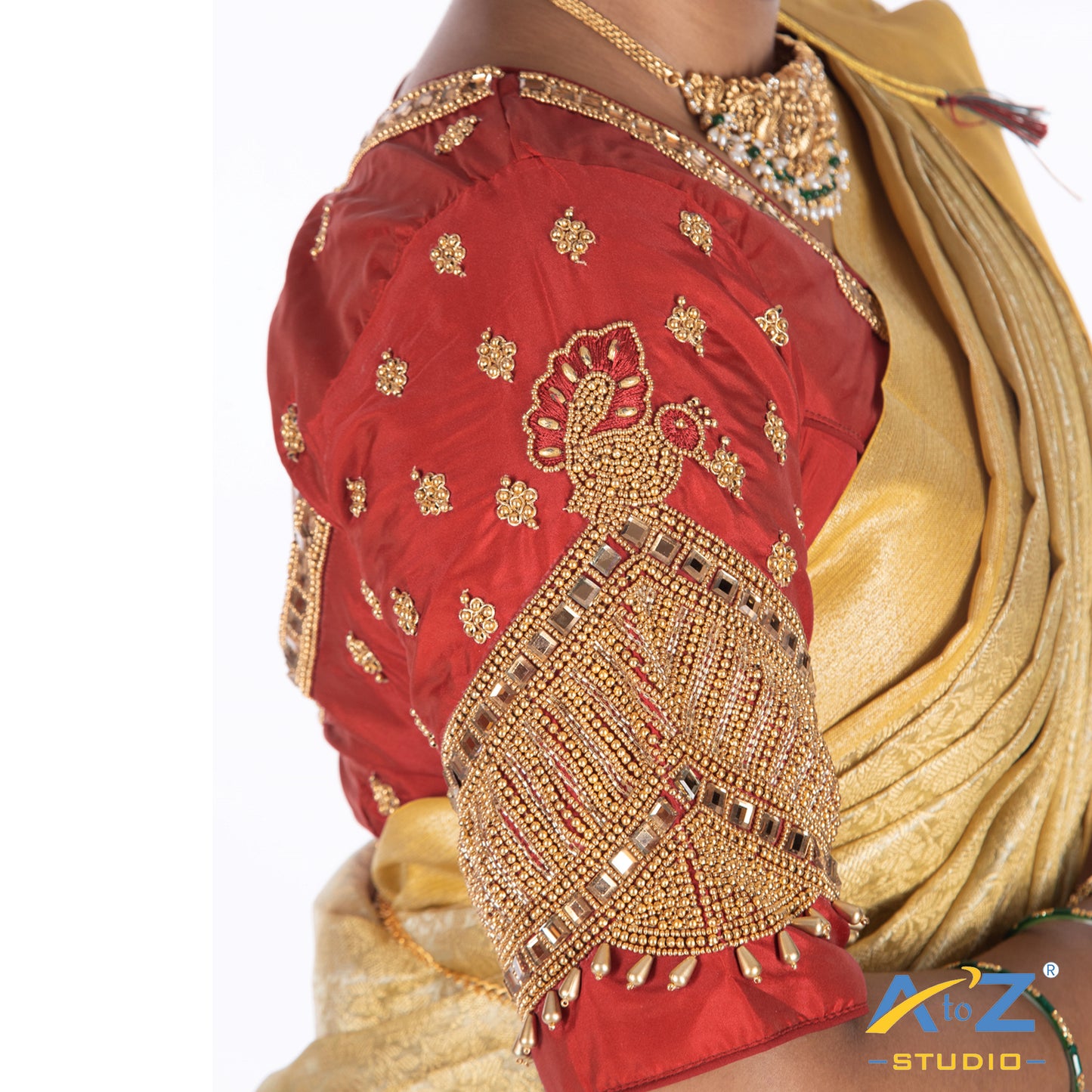 Magenta PInk Silk Cloth Blouse with Small peacock ,chain and mirror Design