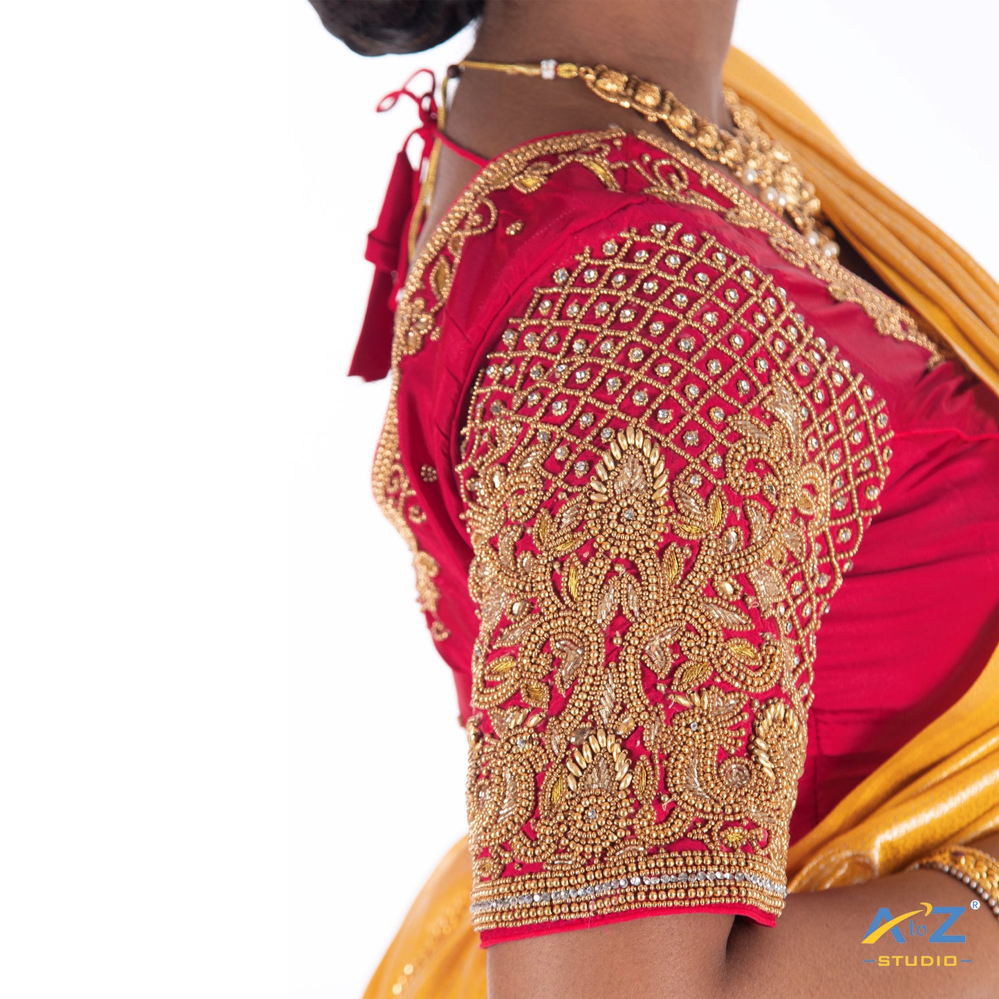 Punch Pink Silk Cloth Blouse with Small Peacock and square chain Design