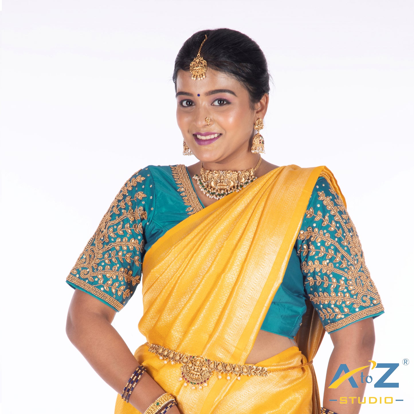 Dark Blue Silk Cloth Blouse with Small leaf (like flower pot) and chain work Design