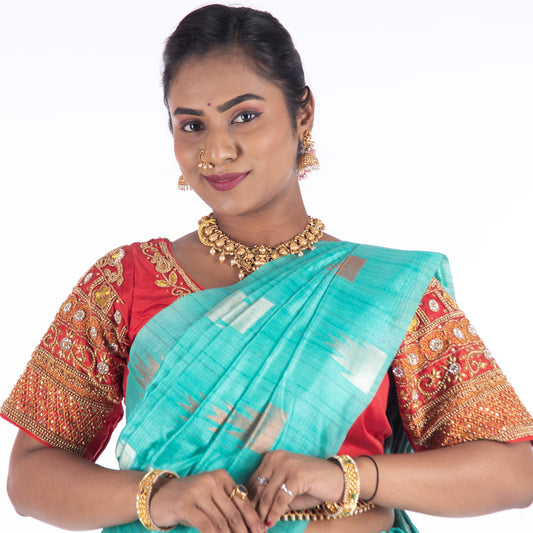 Red Silk Cloth Blouse with Flower and diamod work Design