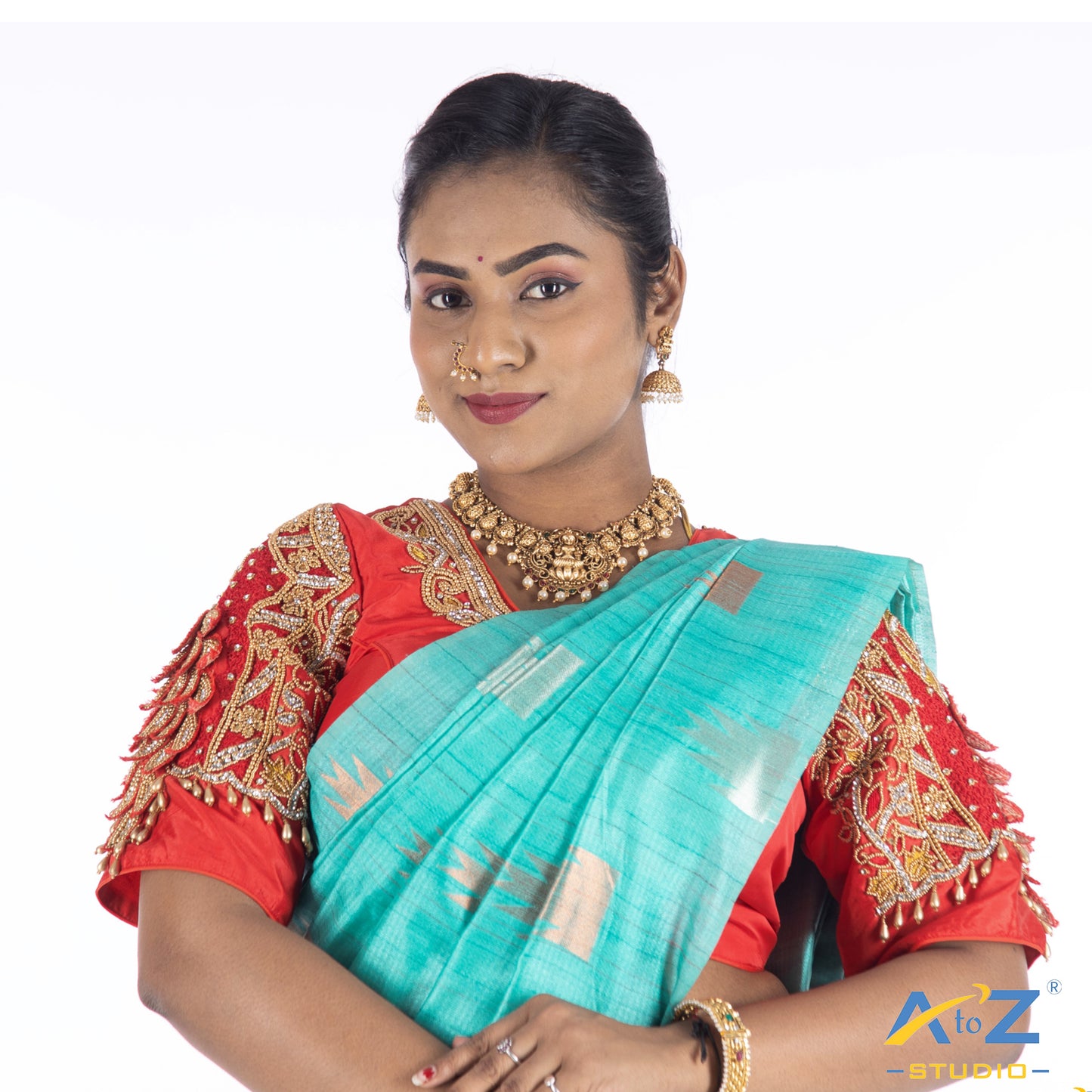 Red Silk Cloth Blouse with Peacock and flower pattern and small peice of diamond Design