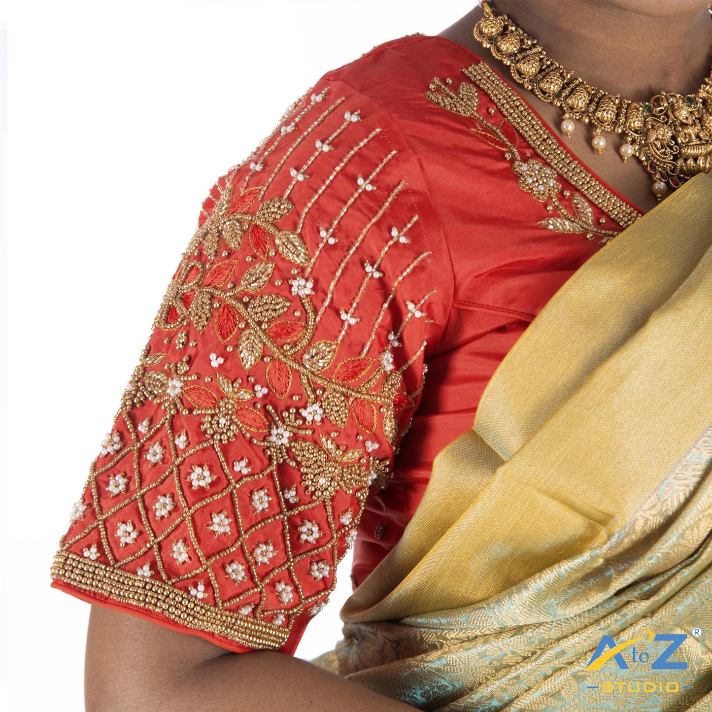 Light Red Silk Cloth Blouse with Flower and Leaf with pearl and chain Design