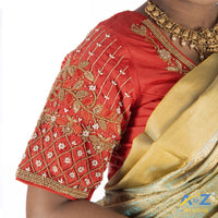 Light Red Silk Cloth Blouse with Flower and Leaf with pearl and chain Design
