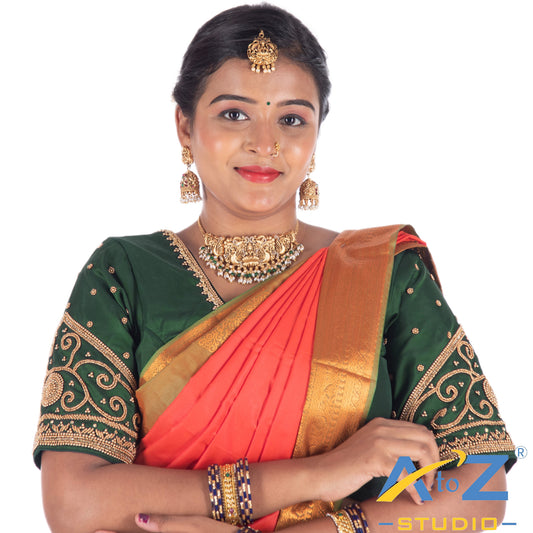 Dark Forest Green Silk Cloth Blouse with Simple plain chain design Design