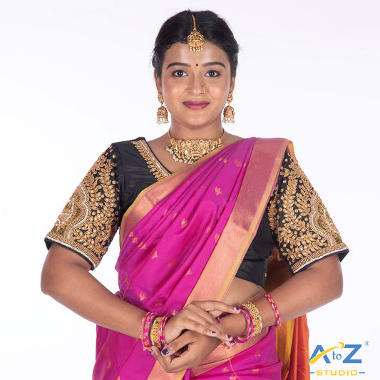 Black Silk Cloth Blouse with Small leaf and chain work Design