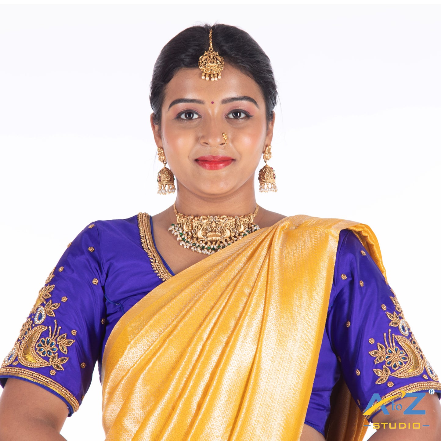 Royal Blue Silk Cloth Blouse with moon and small leafs Design