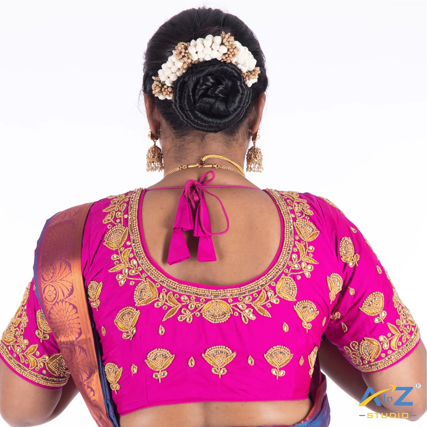 Bright Pink Silk Cloth Blouse with Flower Jhumka Design