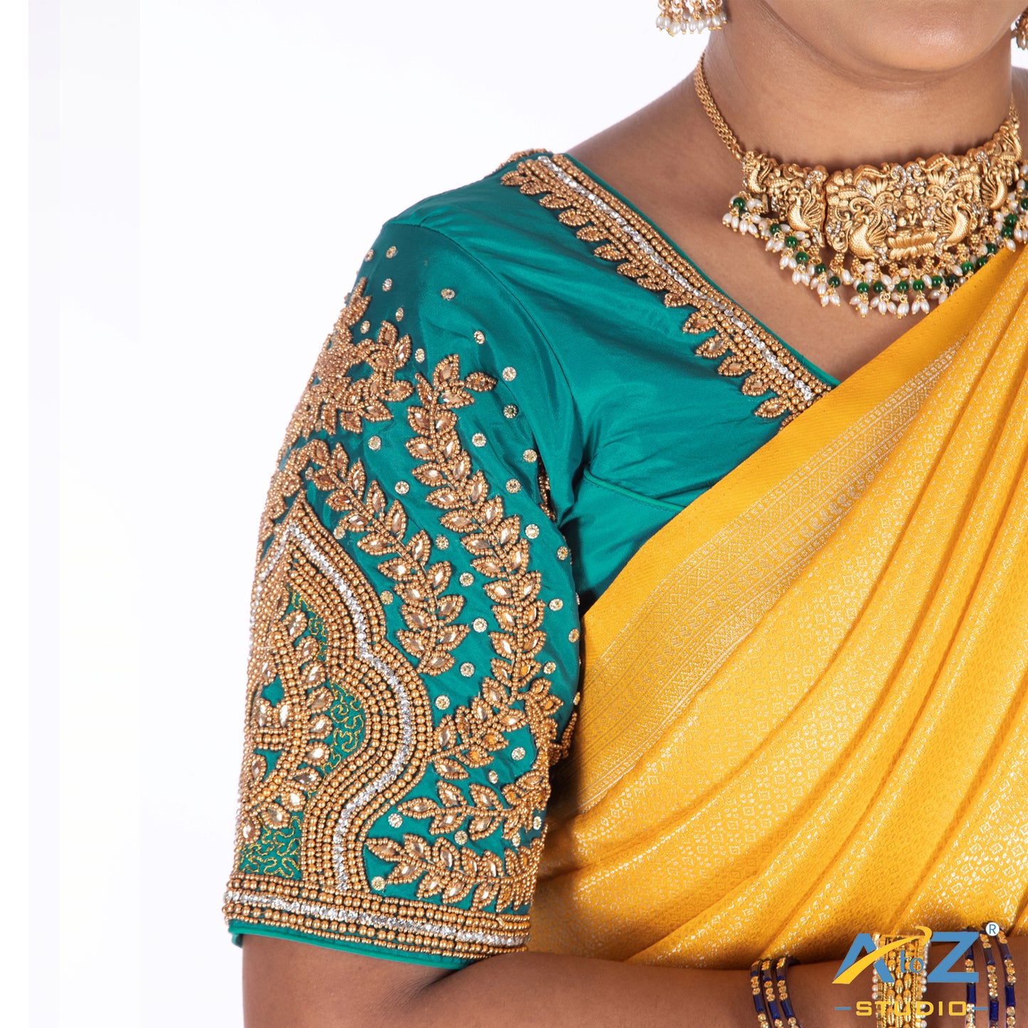 Sapphire Blue Silk Cloth Blouse with Small leaf and chain work Design