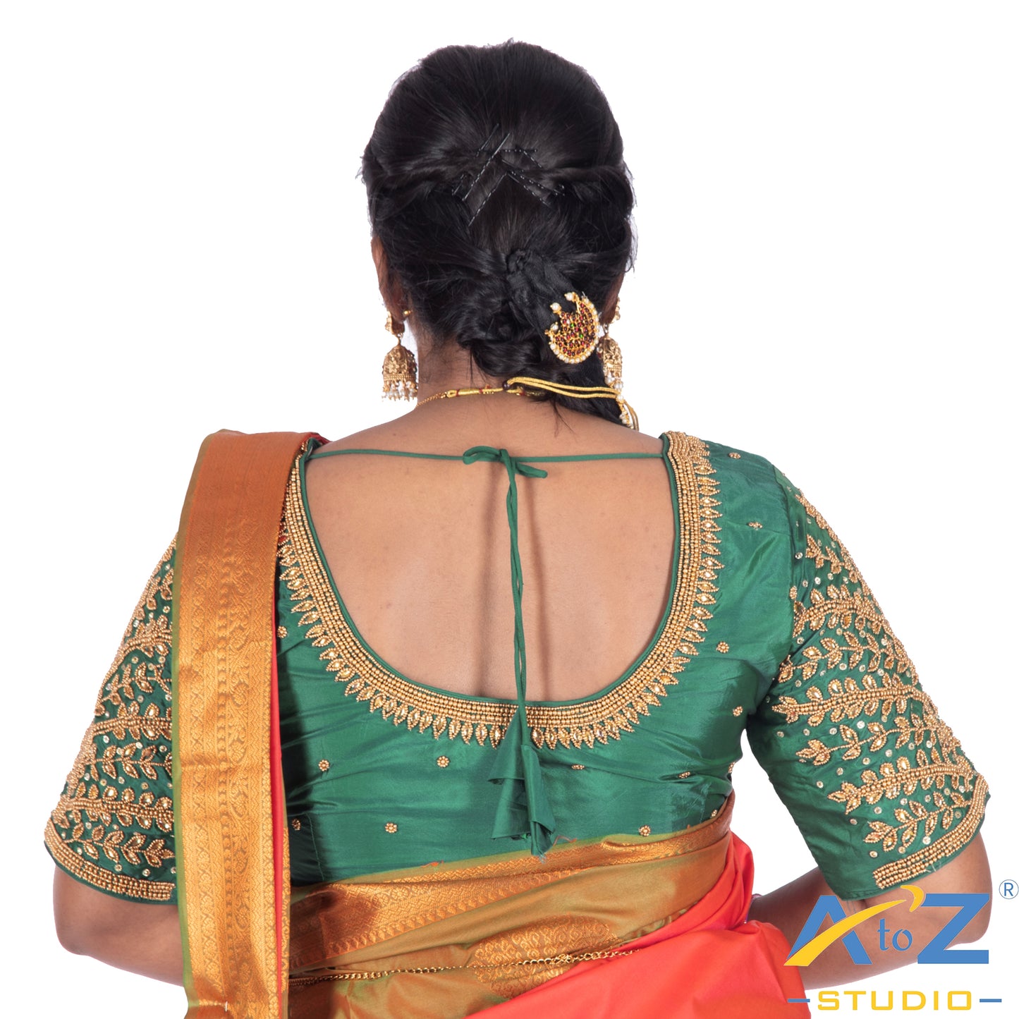 Rama Green Silk Cloth Blouse with Small leaf (like flower pot) and chain work Design