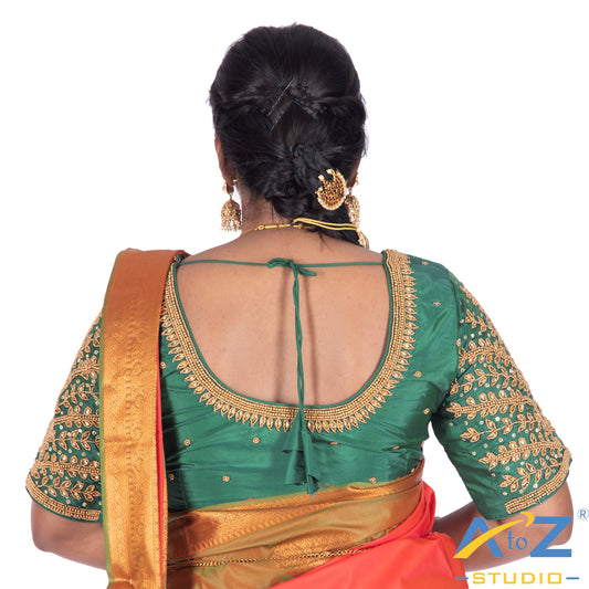 Rama Green Silk Cloth Blouse with Small leaf (like flower pot) and chain work Design