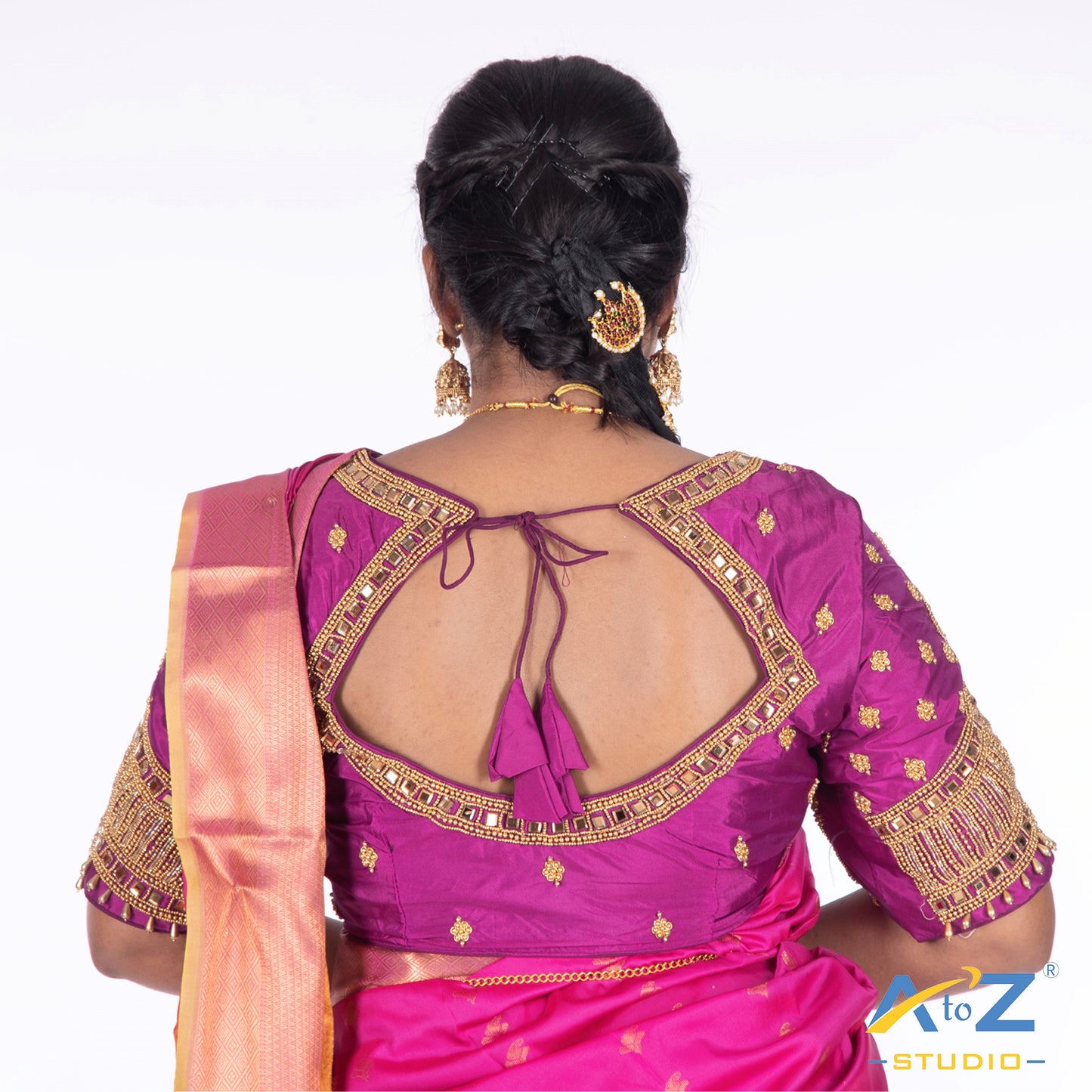 Luxury Purple Silk Cloth Blouse with Small peacock ,chain and mirror Design