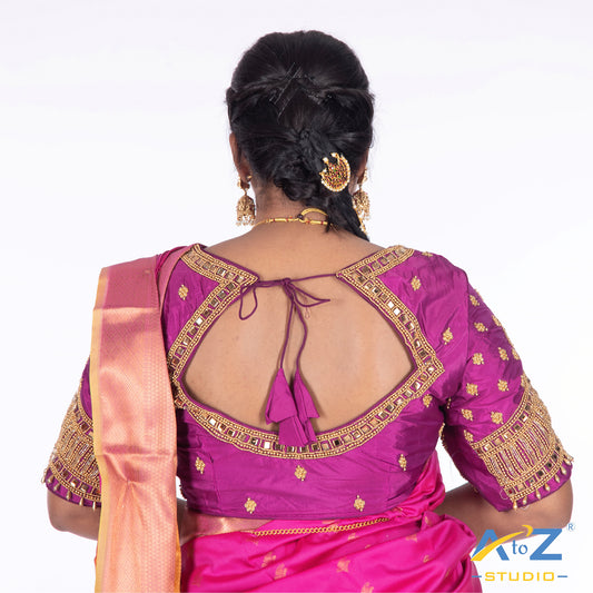 Luxury Purple Silk Cloth Blouse with Small peacock ,chain and mirror Design