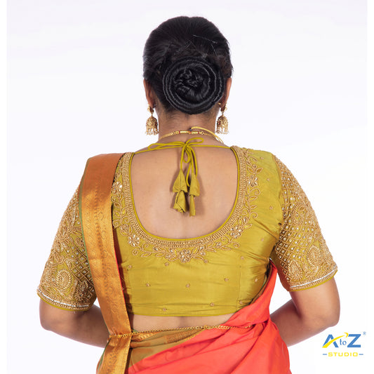 Pear Silk Cloth Blouse with Small Peacock and square chain Design