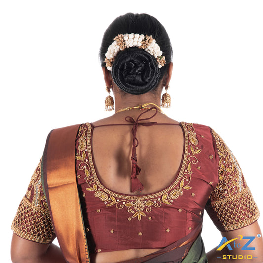 Maroon Silk Cloth Blouse with Drop and jhumka design Design