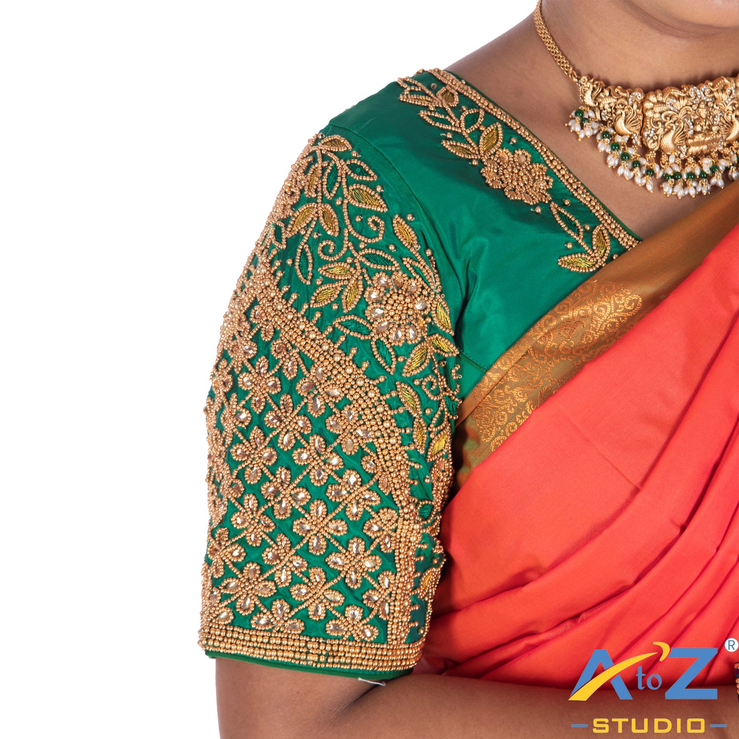 Rama Green Silk Cloth Blouse with Leaf and flower Design