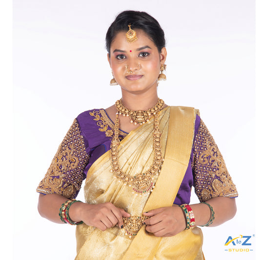 Purple Silk Cloth Blouse with Small Peacock and square chain Design