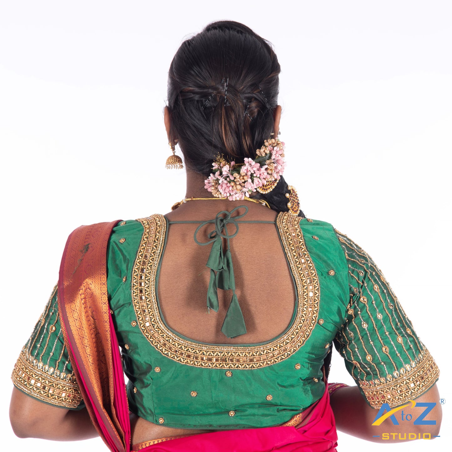 Chateav Green Silk Cloth Blouse with Chain and kundan and mirror design Design