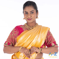 deep Pink Silk Cloth Blouse with Flower and leafs with chain and thread Design