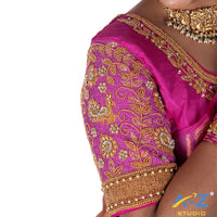 Fuchsia Pink with Aari Work Blouse with leaf and flower mixed Design