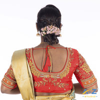 Light Red Silk Cloth Blouse with Flower and Leaf with pearl and chain Design