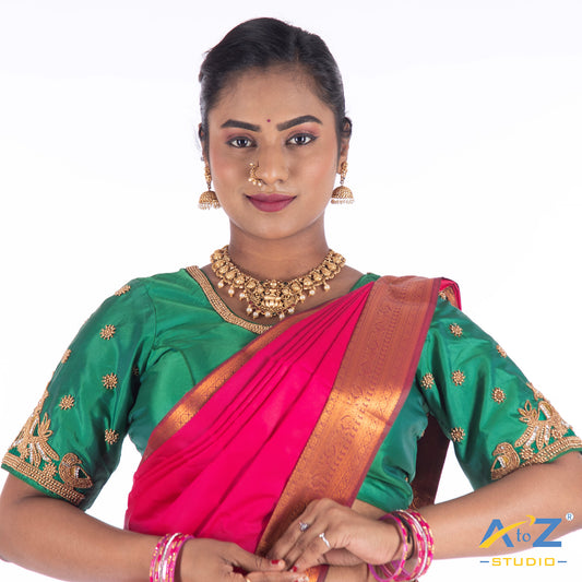 Light Forest Green Silk Cloth Blouse with Double bird at back and sleeves with chain Design