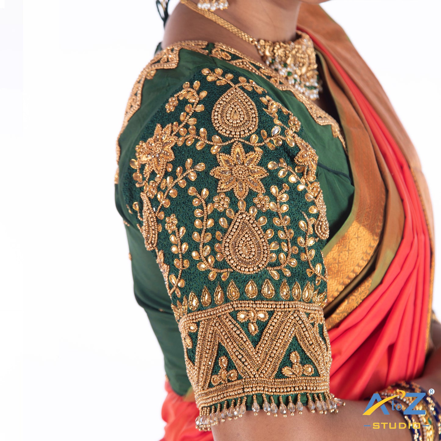 Dark Forest Green Silk Cloth Blouse with Flower, mango and triangle Design