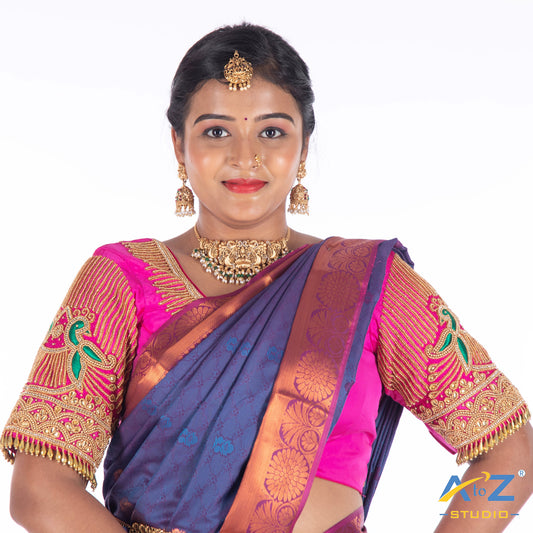 Bright Pink Silk Cloth Blouse with Small peacock double and chain and beeds Design