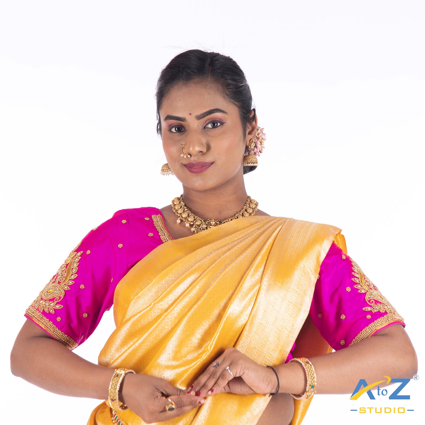 Bright Pink Silk Cloth Blouse with 2 mango and flower design Design