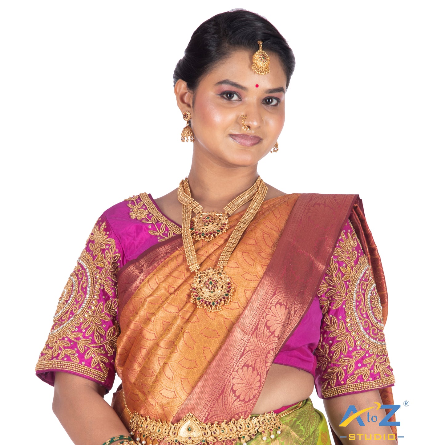 Bright pink Tissue Cloth / Gold Work Blouse with Circle and kundan work Design