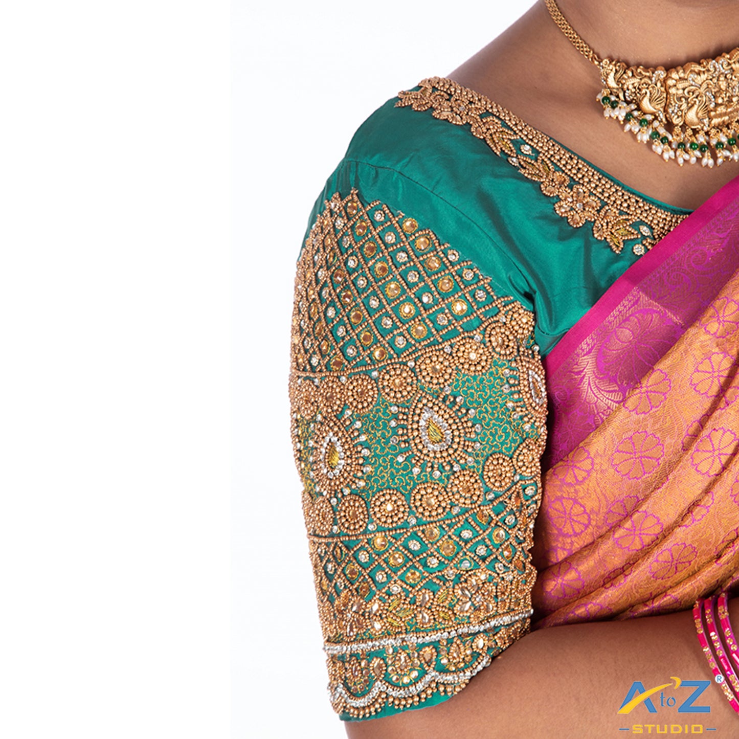 Light Rama Blue Silk Cloth Blouse with kundan and chain work Design