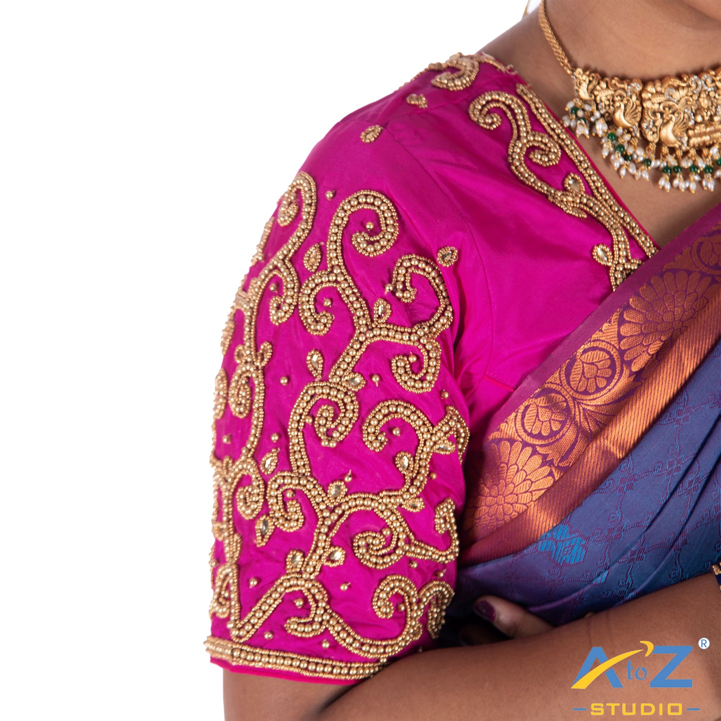 Fuchsia Silk Cloth Blouse with kundan work with chain Design