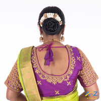 Bright Purple Silk Cloth Blouse with Kundan flower Design Design