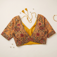 Mustard Raw Silk Sweetheart Neck Blouse with Zari & Floral Embroidery