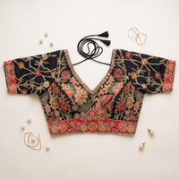 Navy Blue Raw Silk Sweetheart Neck Blouse with Zari & Floral Embroidery