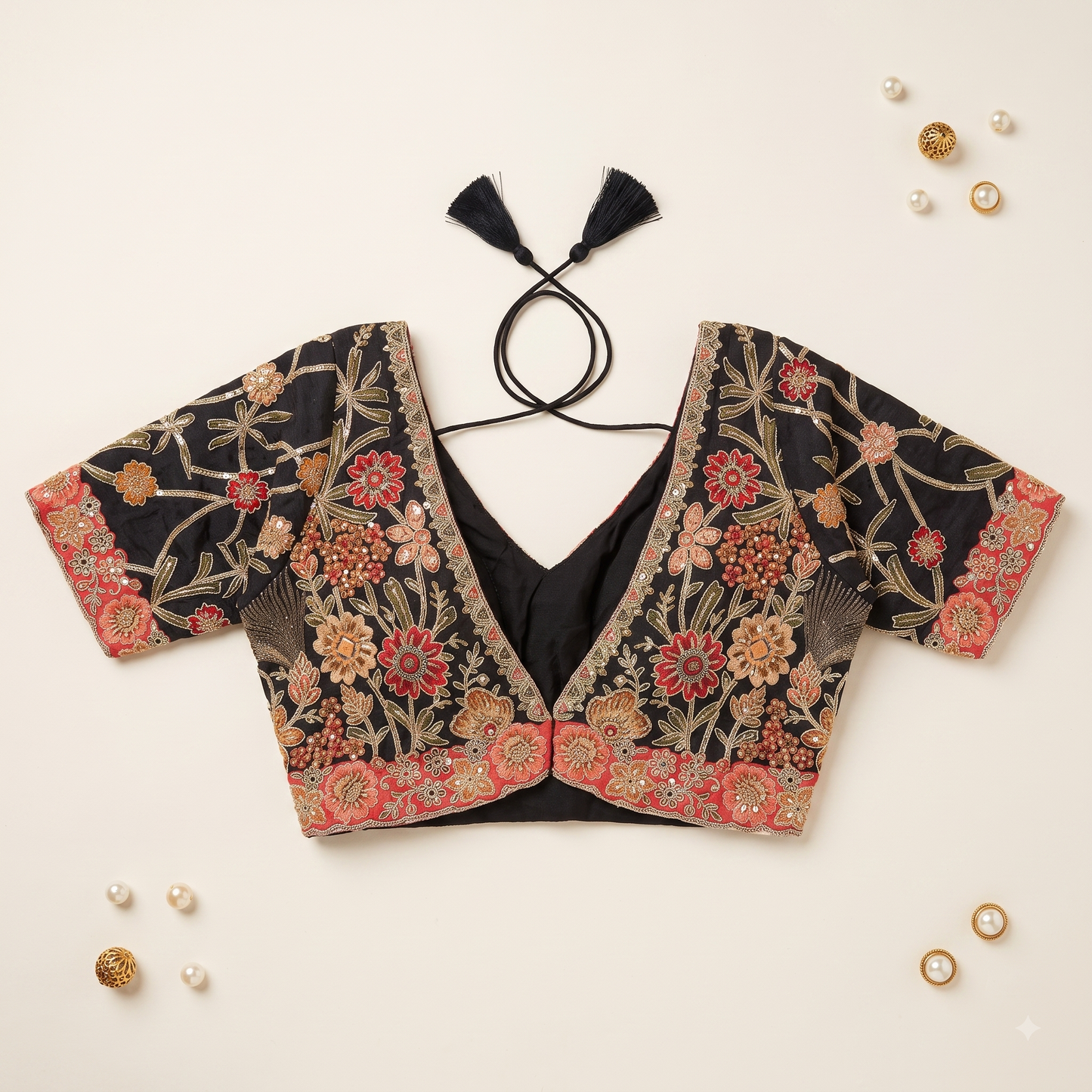 Navy Blue Raw Silk Sweetheart Neck Blouse with Zari & Floral Embroidery