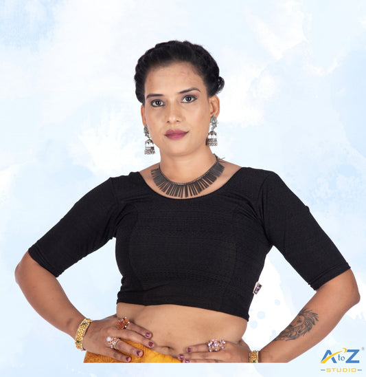 Black Cotton Lycra Round Neck Blouse