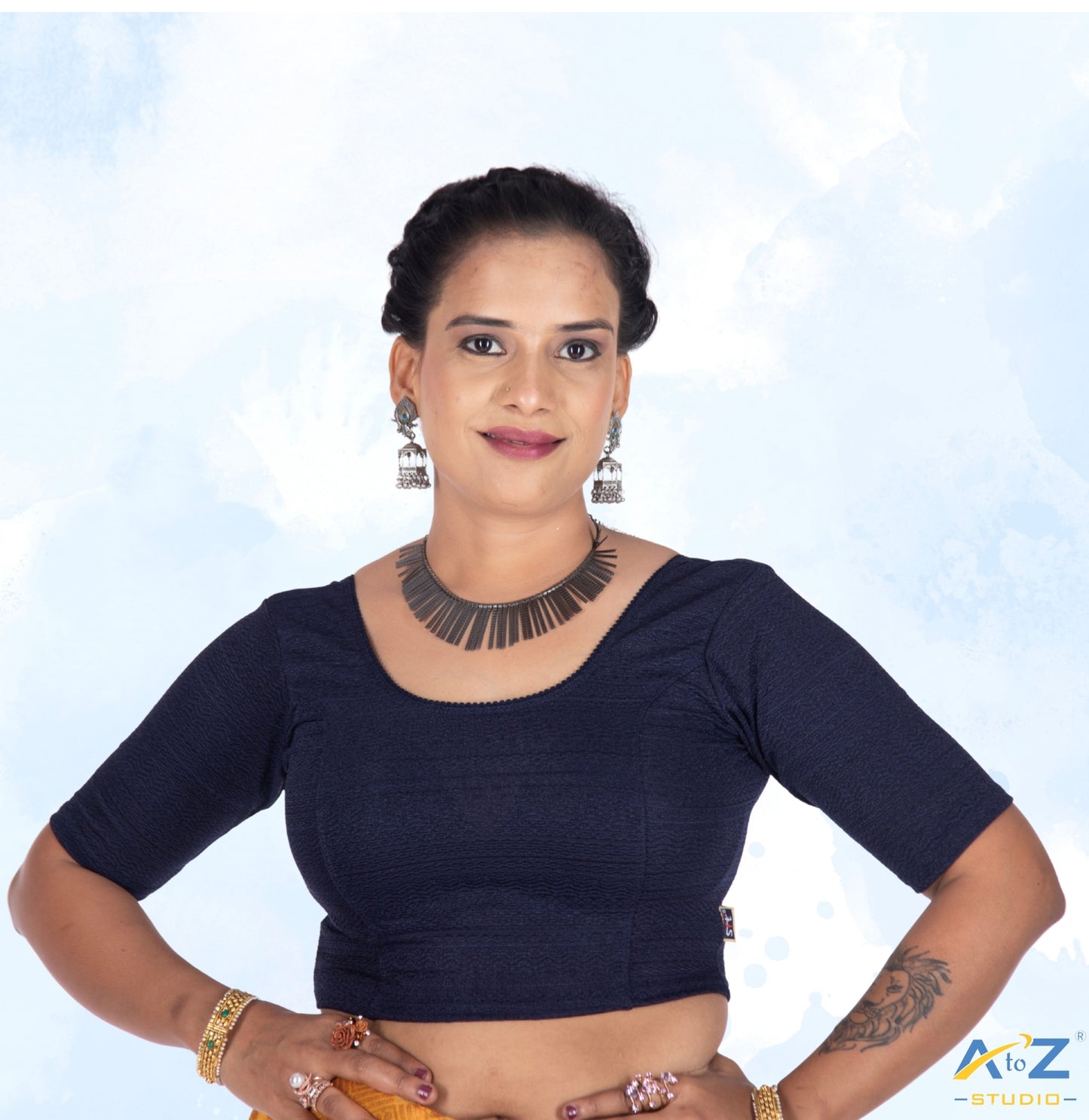 Navy Blue  Cotton Lycra Round Neck Blouse