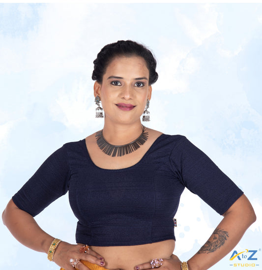Navy Blue  Cotton Lycra Round Neck Blouse