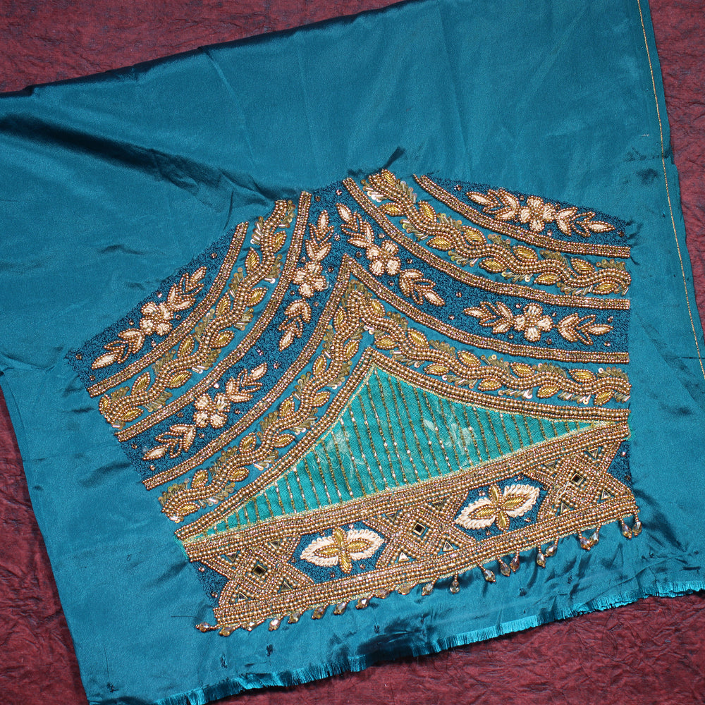 "Royal Teal Floral Handwork Designer Silk Blouse with Cutwork Back Neck"