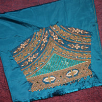 "Royal Teal Floral Handwork Designer Silk Blouse with Cutwork Back Neck"