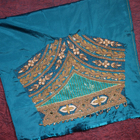 "Royal Teal Floral Handwork Designer Silk Blouse with Cutwork Back Neck"