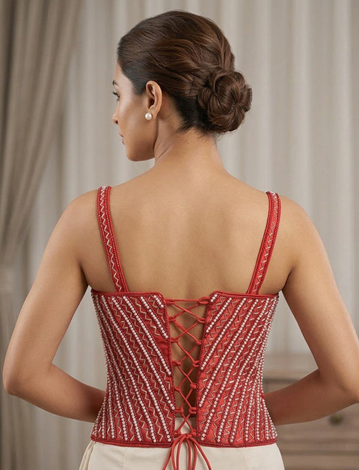 Red Embellished Designer Corset Blouse