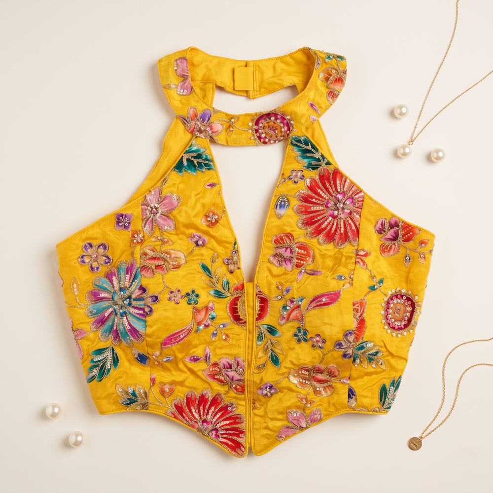 Yellow Multi-Flora Choker Neck Corset Blouse